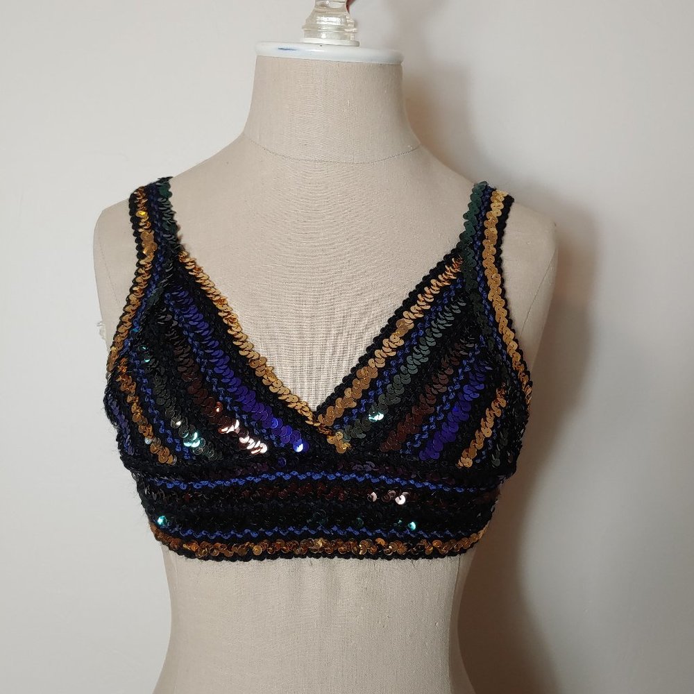 Vintage Disco 70s Sequin Crop Top Bralette, S, XS